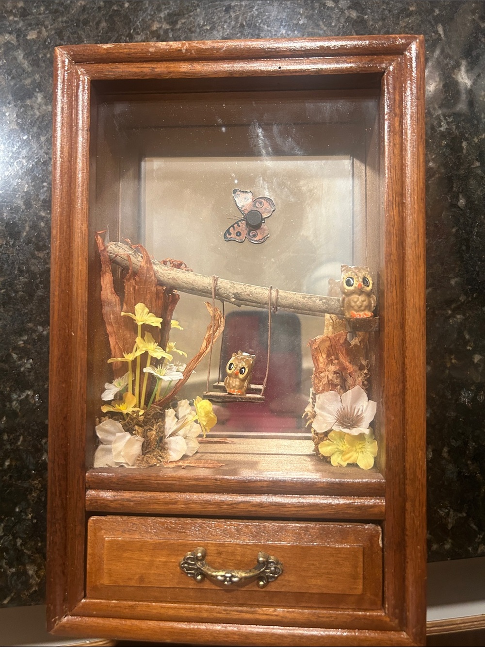 Vintage 80’s Wooden Shadow Box Display with Owl Figurines and Floral Accents
